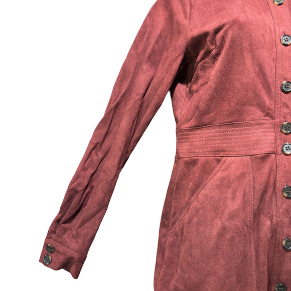 A Loves A Merlot Faux Suede Button Front Long Sleeve Midi Dress Fit & Flare Med. - Picture 5 of 14